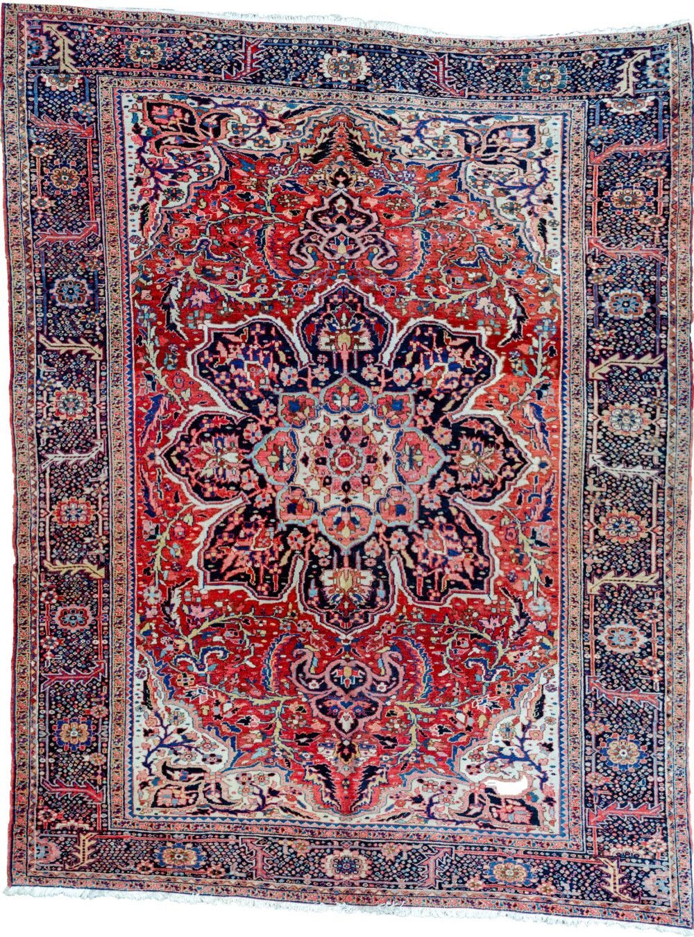 alt="Vintage Ahar Heriz carpet with red field and blue floral border" alt="Persian Heriz rug with central medallion and cream spandrels" alt="Northwest Iran rug with stylised floral design and bold medallion" alt="Traditional Heriz carpet from Ahar with red and blue color palette"