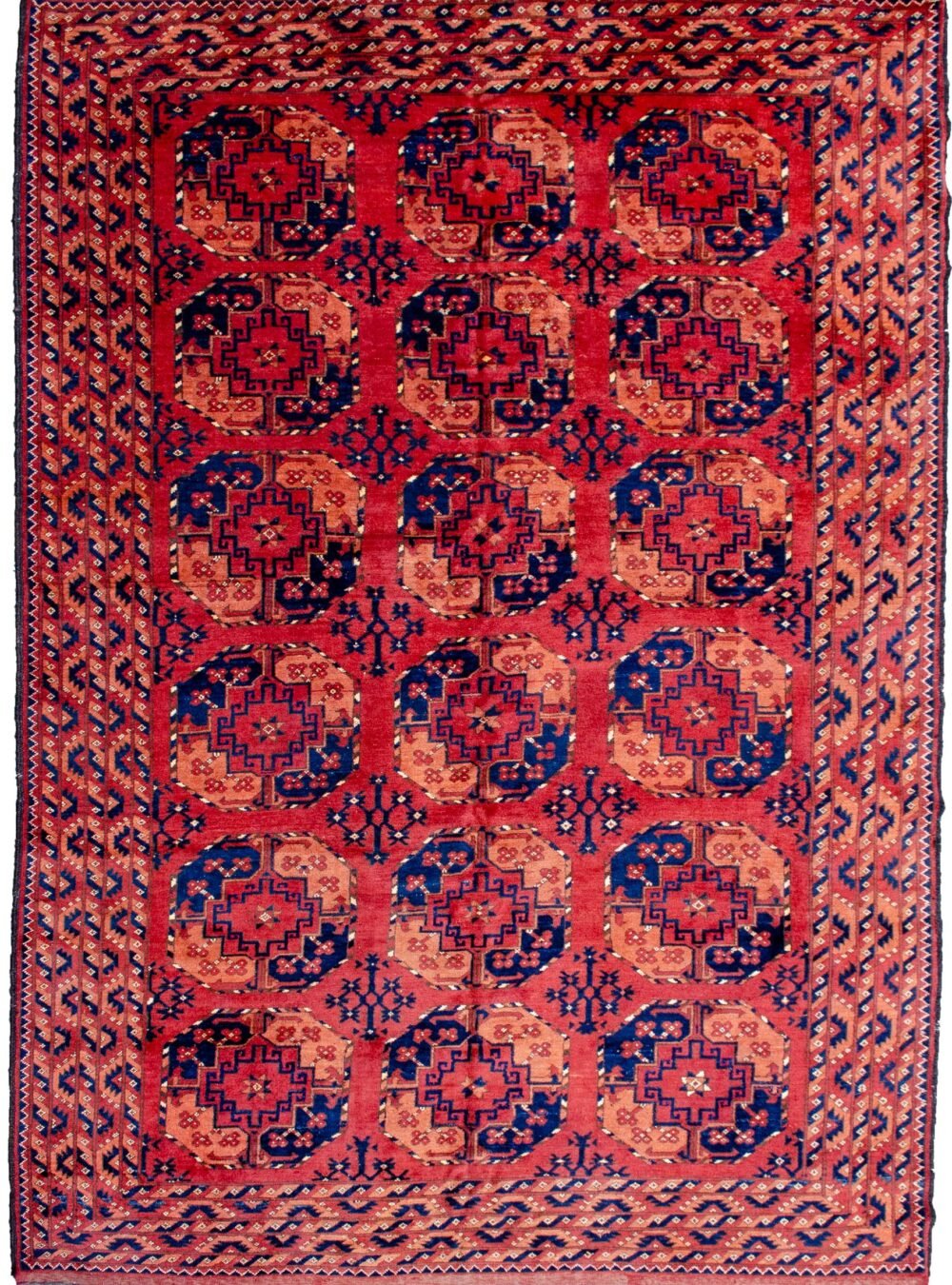 alt="Ersari carpet with soft red ground and octagonal guls" alt="Turkmen tribal rug with preserved end kilims and geometric borders" alt="Traditional Ersari rug with three rows of guls and soft wool" alt="Authentic Turkmen carpet with bold design and intact kilims"