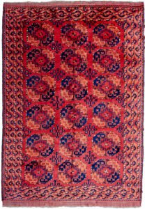 alt="Ersari carpet with soft red ground and octagonal guls" alt="Turkmen tribal rug with preserved end kilims and geometric borders" alt="Traditional Ersari rug with three rows of guls and soft wool" alt="Authentic Turkmen carpet with bold design and intact kilims"