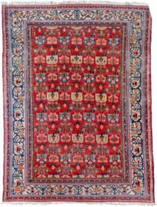 alt="Vintage Faradobeh carpet with red field and rare all-over design" alt="Bakhtiar region Persian rug with beige floral border and rich red ground" alt="Persian carpet from Faradobeh with natural dye and handspun wool" alt="Decorative vintage Persian rug with floral motifs and unusual layout"