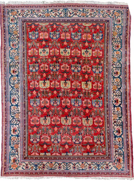 alt="Vintage Faradobeh carpet with red field and rare all-over design" alt="Bakhtiar region Persian rug with beige floral border and rich red ground" alt="Persian carpet from Faradobeh with natural dye and handspun wool" alt="Decorative vintage Persian rug with floral motifs and unusual layout"