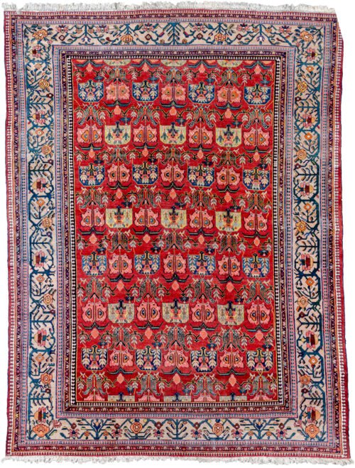 alt="Vintage Faradobeh carpet with red field and rare all-over design" alt="Bakhtiar region Persian rug with beige floral border and rich red ground" alt="Persian carpet from Faradobeh with natural dye and handspun wool" alt="Decorative vintage Persian rug with floral motifs and unusual layout"