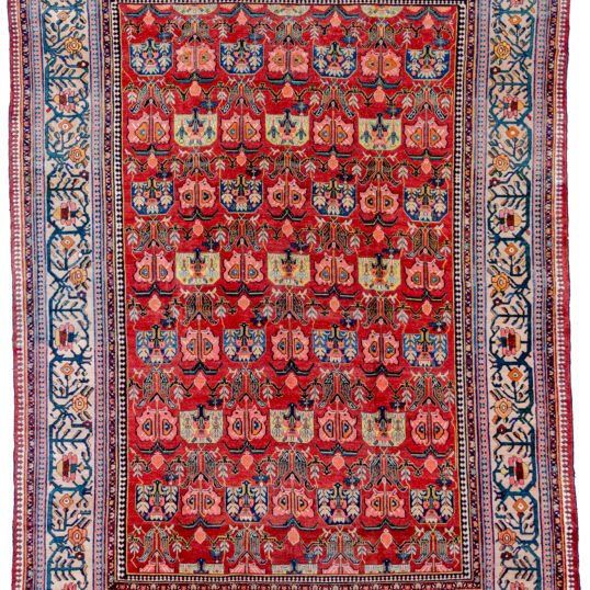 alt="Vintage Faradobeh carpet with red field and rare all-over design" alt="Bakhtiar region Persian rug with beige floral border and rich red ground" alt="Persian carpet from Faradobeh with natural dye and handspun wool" alt="Decorative vintage Persian rug with floral motifs and unusual layout"