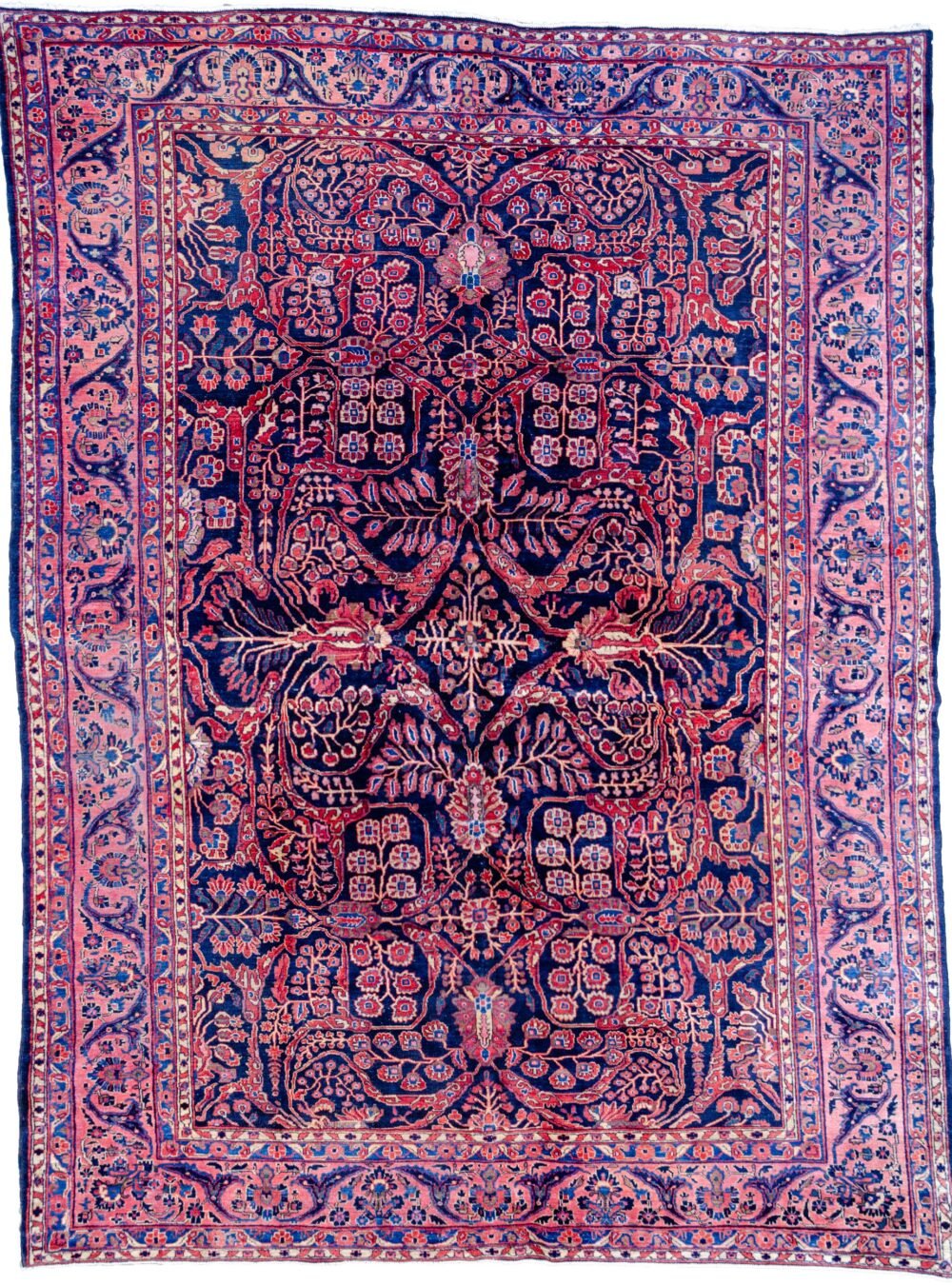 alt="Vintage Saruk carpet with blue field and stylised floral design" alt="Persian Saruk rug with purple floral border and swirling branches" alt="Elegant Saruk rug with high-quality wool and classic floral motifs" alt="Durable Persian carpet with blue background and rare purple border"