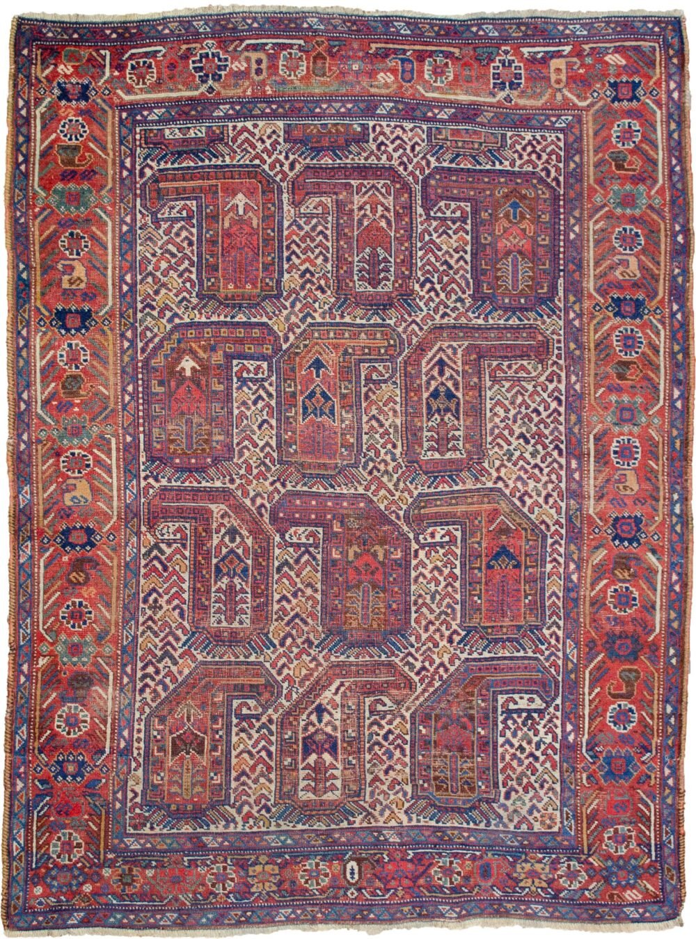 alt="Antique Khamseh rug with rare cream ground and stylised paisley" alt="Qashqai tribal rug from South Iran with terracotta geometric border" alt="Low-pile Persian rug with bush and tree motifs inside paisley design" alt="Vintage cream field Khamseh carpet with earthy tribal patterns"