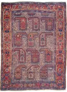 alt="Antique Khamseh rug with rare cream ground and stylised paisley" alt="Qashqai tribal rug from South Iran with terracotta geometric border" alt="Low-pile Persian rug with bush and tree motifs inside paisley design" alt="Vintage cream field Khamseh carpet with earthy tribal patterns"