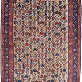 alt="Afshar rug with rare cream field and stylised paisley motifs" alt="Persian tribal rug with blue floral border and interconnected paisleys" alt="Southern Iranian Afshar rug with natural dyes and traditional design" alt="Collectible cream ground Afshar carpet with tribal symbolism"