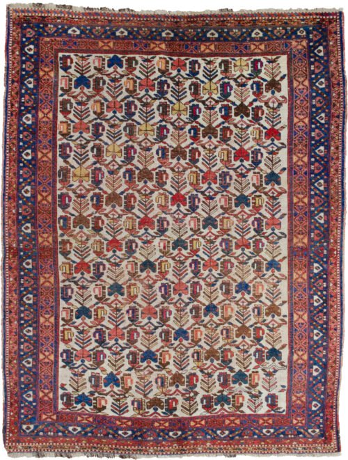 alt="Afshar rug with rare cream field and stylised paisley motifs" alt="Persian tribal rug with blue floral border and interconnected paisleys" alt="Southern Iranian Afshar rug with natural dyes and traditional design" alt="Collectible cream ground Afshar carpet with tribal symbolism"