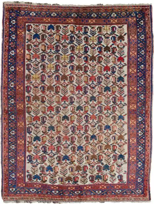 alt="Afshar rug with rare cream field and stylised paisley motifs" alt="Persian tribal rug with blue floral border and interconnected paisleys" alt="Southern Iranian Afshar rug with natural dyes and traditional design" alt="Collectible cream ground Afshar carpet with tribal symbolism"
