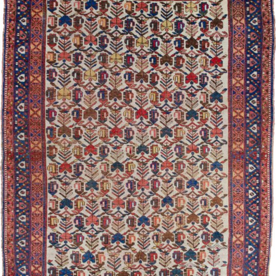 alt="Afshar rug with rare cream field and stylised paisley motifs" alt="Persian tribal rug with blue floral border and interconnected paisleys" alt="Southern Iranian Afshar rug with natural dyes and traditional design" alt="Collectible cream ground Afshar carpet with tribal symbolism"