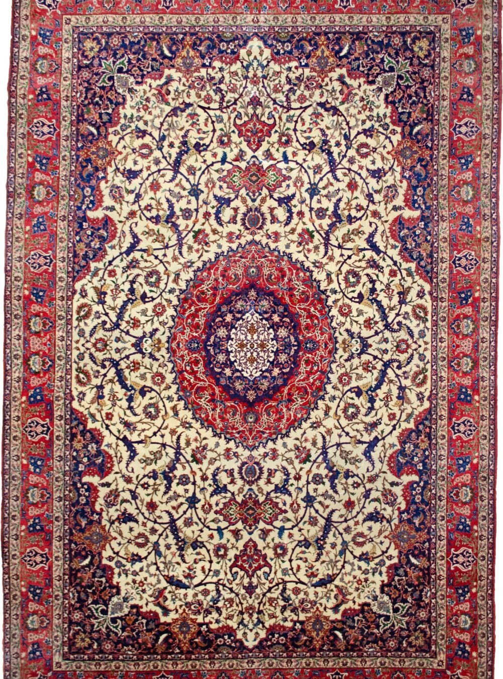 alt="Fine Isfahan carpet with cream field, red medallion, and indigo spandrels" alt="80 raj Persian rug with scrolling floral pattern and natural dyes" alt="High-knot density Isfahan carpet with red border and intricate floral motifs" alt="Exquisite Persian rug from Isfahan with over one million knots per square meter"