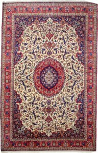 alt="Fine Isfahan carpet with cream field, red medallion, and indigo spandrels" alt="80 raj Persian rug with scrolling floral pattern and natural dyes" alt="High-knot density Isfahan carpet with red border and intricate floral motifs" alt="Exquisite Persian rug from Isfahan with over one million knots per square meter"