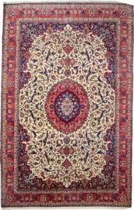 alt="Fine Isfahan carpet with cream field, red medallion, and indigo spandrels" alt="80 raj Persian rug with scrolling floral pattern and natural dyes" alt="High-knot density Isfahan carpet with red border and intricate floral motifs" alt="Exquisite Persian rug from Isfahan with over one million knots per square meter"