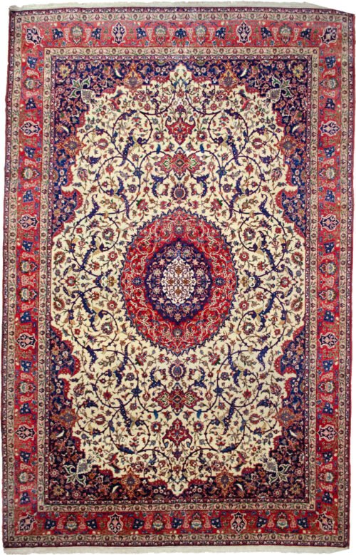 alt="Fine Isfahan carpet with cream field, red medallion, and indigo spandrels" alt="80 raj Persian rug with scrolling floral pattern and natural dyes" alt="High-knot density Isfahan carpet with red border and intricate floral motifs" alt="Exquisite Persian rug from Isfahan with over one million knots per square meter"
