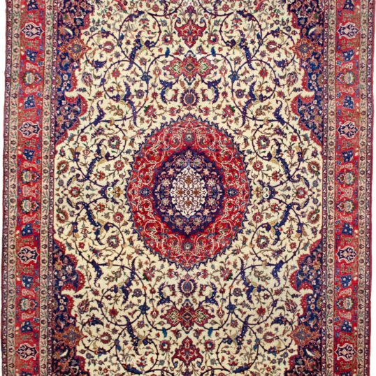 alt="Fine Isfahan carpet with cream field, red medallion, and indigo spandrels" alt="80 raj Persian rug with scrolling floral pattern and natural dyes" alt="High-knot density Isfahan carpet with red border and intricate floral motifs" alt="Exquisite Persian rug from Isfahan with over one million knots per square meter"