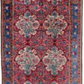 alt="Bakhtiar Faradonbeh rug with Kufic motifs and floral cartouches" alt="Persian rug with red field and cream Kufic design on cartouches" alt="Traditional Bakhtiar rug with light blue floral border" alt="Dining room Persian rug with Islamic and floral design elements"