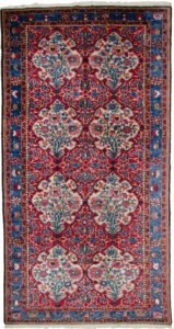 alt="Bakhtiar Faradonbeh rug with Kufic motifs and floral cartouches" alt="Persian rug with red field and cream Kufic design on cartouches" alt="Traditional Bakhtiar rug with light blue floral border" alt="Dining room Persian rug with Islamic and floral design elements"