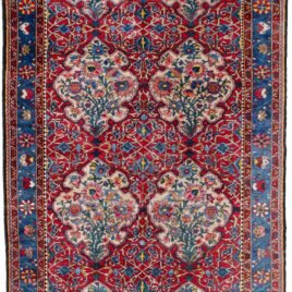 alt="Bakhtiar Faradonbeh rug with Kufic motifs and floral cartouches" alt="Persian rug with red field and cream Kufic design on cartouches" alt="Traditional Bakhtiar rug with light blue floral border" alt="Dining room Persian rug with Islamic and floral design elements"