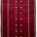 "Vintage Baluch rug from Northeast Iran with Mina Khani design" "Red and blue Baluch carpet with geometric border" "Traditional Persian tribal rug with floral motifs" "Handwoven wool Baluch rug with two-tone effect"