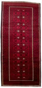 "Vintage Baluch rug from Northeast Iran with Mina Khani design" "Red and blue Baluch carpet with geometric border" "Traditional Persian tribal rug with floral motifs" "Handwoven wool Baluch rug with two-tone effect"