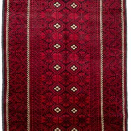 "Vintage Baluch rug from Northeast Iran with Mina Khani design" "Red and blue Baluch carpet with geometric border" "Traditional Persian tribal rug with floral motifs" "Handwoven wool Baluch rug with two-tone effect"