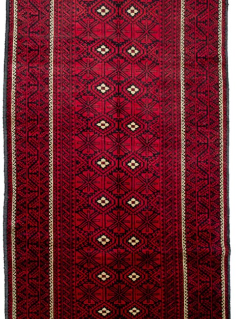 mehdi-12204-Baluch-285x136cm.jpg "Vintage Baluch rug from Northeast Iran with Mina Khani design" "Red and blue Baluch carpet with geometric border" "Traditional Persian tribal rug with floral motifs" "Handwoven wool Baluch rug with two-tone effect"