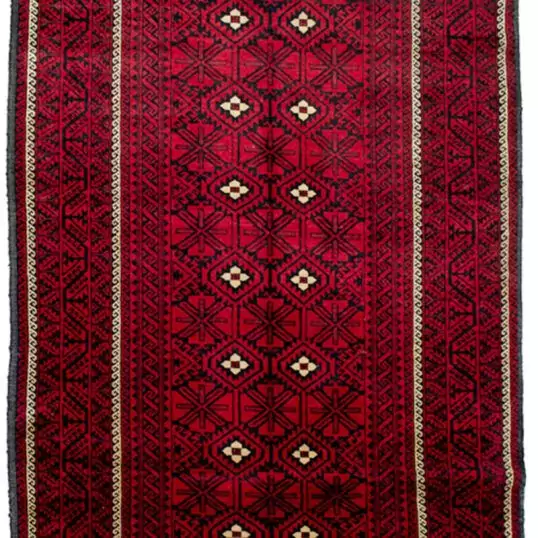 "Vintage Baluch rug from Northeast Iran with Mina Khani design" "Red and blue Baluch carpet with geometric border" "Traditional Persian tribal rug with floral motifs" "Handwoven wool Baluch rug with two-tone effect"