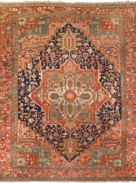 mehdi-12966-Heriz-460x362cm.jpg antique-heriz-carpet-blue-background.jpg heriz-carpet-medallion-design.jpg vibrant-spandrels-terracotta-border-heriz.jpg handwoven-heriz-carpet-natural-dyes.jpg