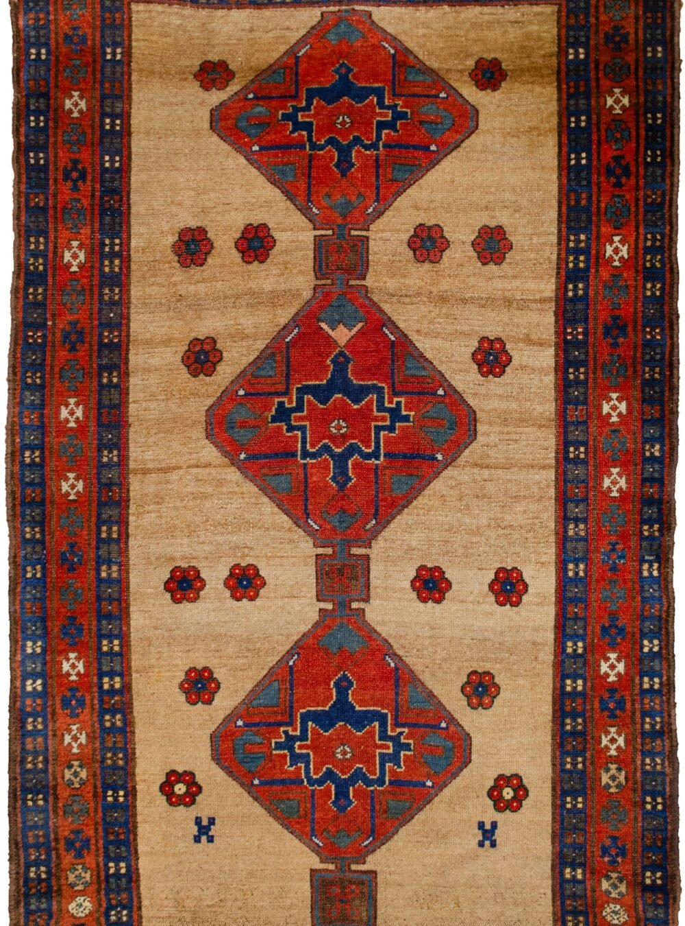 alt="Kordi carpet with camel field and triple medallion design" alt="Persian Kurdish rug with red floral border and blue guard borders" alt="Hand-knotted Kordi rug with flower head motifs and camel background" alt="Traditional Kurdish carpet from Iran with medallions and tribal detailing"