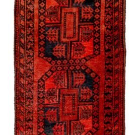 alt="Narrow Ersari runner with red field and repeating medallions" alt="Long tribal rug with simple medallion pattern and geometric border" alt="Hand-knotted Ersari runner in dual-tone red with narrow width" alt="Traditional narrow runner for hallway with rich red color and border"