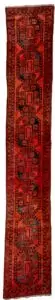 alt="Narrow Ersari runner with red field and repeating medallions" alt="Long tribal rug with simple medallion pattern and geometric border" alt="Hand-knotted Ersari runner in dual-tone red with narrow width" alt="Traditional narrow runner for hallway with rich red color and border"