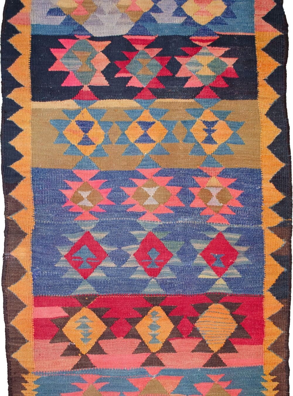 alt="Kordi kilim with horizontal tribal bands and jagged mustard charcoal border" alt="Handwoven flatweave rug with bold stripe pattern and tribal motifs" alt="Decorative Persian kilim with earthy tones and jagged border design" alt="Traditional Kordi kilim with strong color contrast and tribal structure"