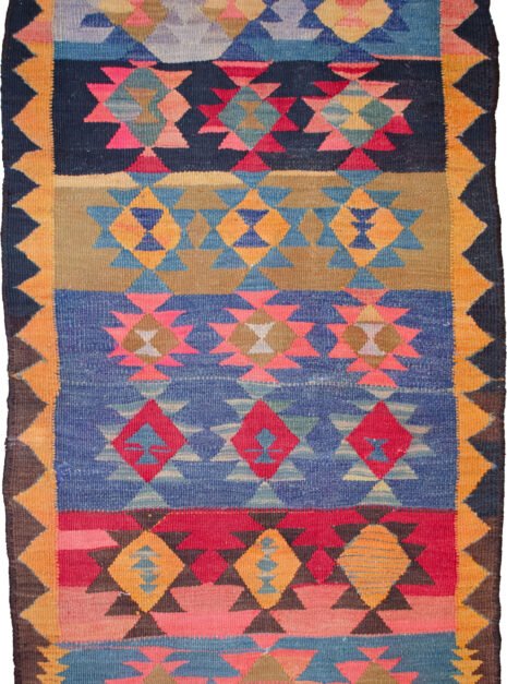 alt="Kordi kilim with horizontal tribal bands and jagged mustard charcoal border" alt="Handwoven flatweave rug with bold stripe pattern and tribal motifs" alt="Decorative Persian kilim with earthy tones and jagged border design" alt="Traditional Kordi kilim with strong color contrast and tribal structure"
