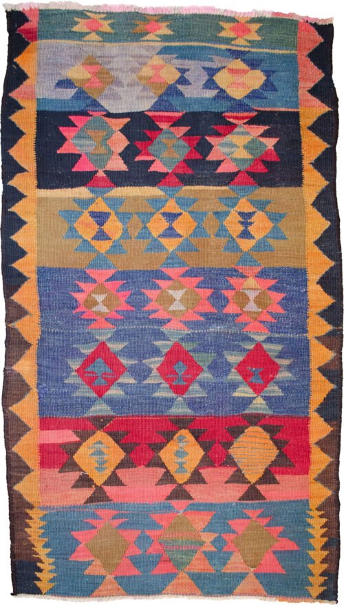 alt="Kordi kilim with horizontal tribal bands and jagged mustard charcoal border" alt="Handwoven flatweave rug with bold stripe pattern and tribal motifs" alt="Decorative Persian kilim with earthy tones and jagged border design" alt="Traditional Kordi kilim with strong color contrast and tribal structure"