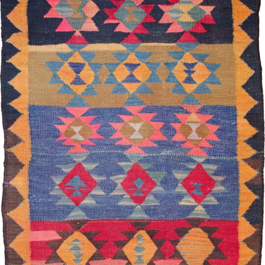 alt="Kordi kilim with horizontal tribal bands and jagged mustard charcoal border" alt="Handwoven flatweave rug with bold stripe pattern and tribal motifs" alt="Decorative Persian kilim with earthy tones and jagged border design" alt="Traditional Kordi kilim with strong color contrast and tribal structure"