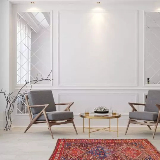 Classic white modern interior empty room with lounge armchairs,