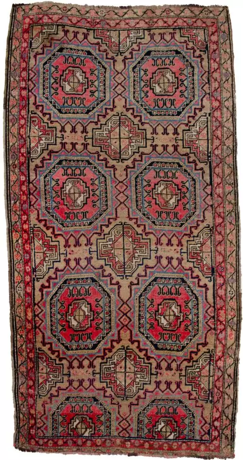 alt="Karabagh rug with rare octagonal motif on soft beige field" alt="Vintage Caucasian rug with subtle palette and narrow borders" alt="Hand-knotted Karabagh rug with octagon design and gentle wear" alt="Neutral-toned Karabagh rug with rare geometric motif and minimalist borders"