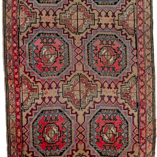 alt="Karabagh rug with rare octagonal motif on soft beige field" alt="Vintage Caucasian rug with subtle palette and narrow borders" alt="Hand-knotted Karabagh rug with octagon design and gentle wear" alt="Neutral-toned Karabagh rug with rare geometric motif and minimalist borders"