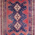 alt="Afshar Sirjan rug with triple cream medallions on blue and red field" alt="Hand-knotted Persian rug with geometric borders and tribal motifs" alt="Vintage Afshar rug with stylized bushes and blue ground medallions" alt="Wide Afshar Sirjan carpet with light wear and strong visual design"