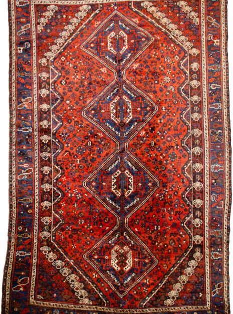 alt="Khamseh tribal rug with burnt oak field and peacock motifs" alt="Handwoven Persian rug with chickens, floral medallions, and paisley border" alt="Southwest Iran tribal rug featuring animal symbols and navy border" alt="Decorative Khamseh rug with intricate medallions and storytelling motifs"