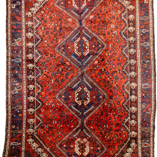 alt="Khamseh tribal rug with burnt oak field and peacock motifs" alt="Handwoven Persian rug with chickens, floral medallions, and paisley border" alt="Southwest Iran tribal rug featuring animal symbols and navy border" alt="Decorative Khamseh rug with intricate medallions and storytelling motifs"