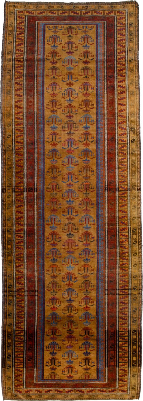 Baluch runner, Gold field rug, Flower pot motif rug, Fine weave Baluch rug, Wool hallway runner, Baluch floral rug, Persian runner rug, Rare color tribal rug, Antique Baluch carpet, Soft wool runner