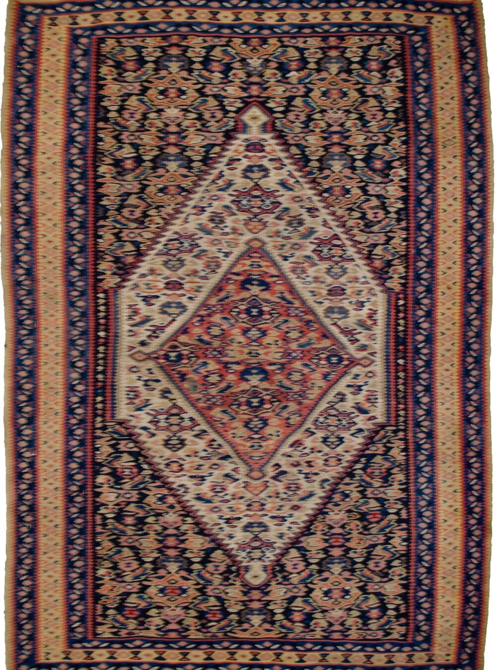 alt="Antique Senneh kilim with blue and yellow floral border and fine weave" alt="Persian flatweave rug from Senneh with original wall-hanging rings" alt="Well-preserved antique Senneh kilim in vibrant blues and yellows" alt="Collector’s Persian kilim with floral motifs and exceptional condition"