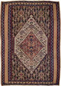 alt="Antique Senneh kilim with blue and yellow floral border and fine weave" alt="Persian flatweave rug from Senneh with original wall-hanging rings" alt="Well-preserved antique Senneh kilim in vibrant blues and yellows" alt="Collector’s Persian kilim with floral motifs and exceptional condition"