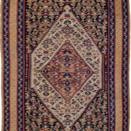alt="Antique Senneh kilim with blue and yellow floral border and fine weave" alt="Persian flatweave rug from Senneh with original wall-hanging rings" alt="Well-preserved antique Senneh kilim in vibrant blues and yellows" alt="Collector’s Persian kilim with floral motifs and exceptional condition"
