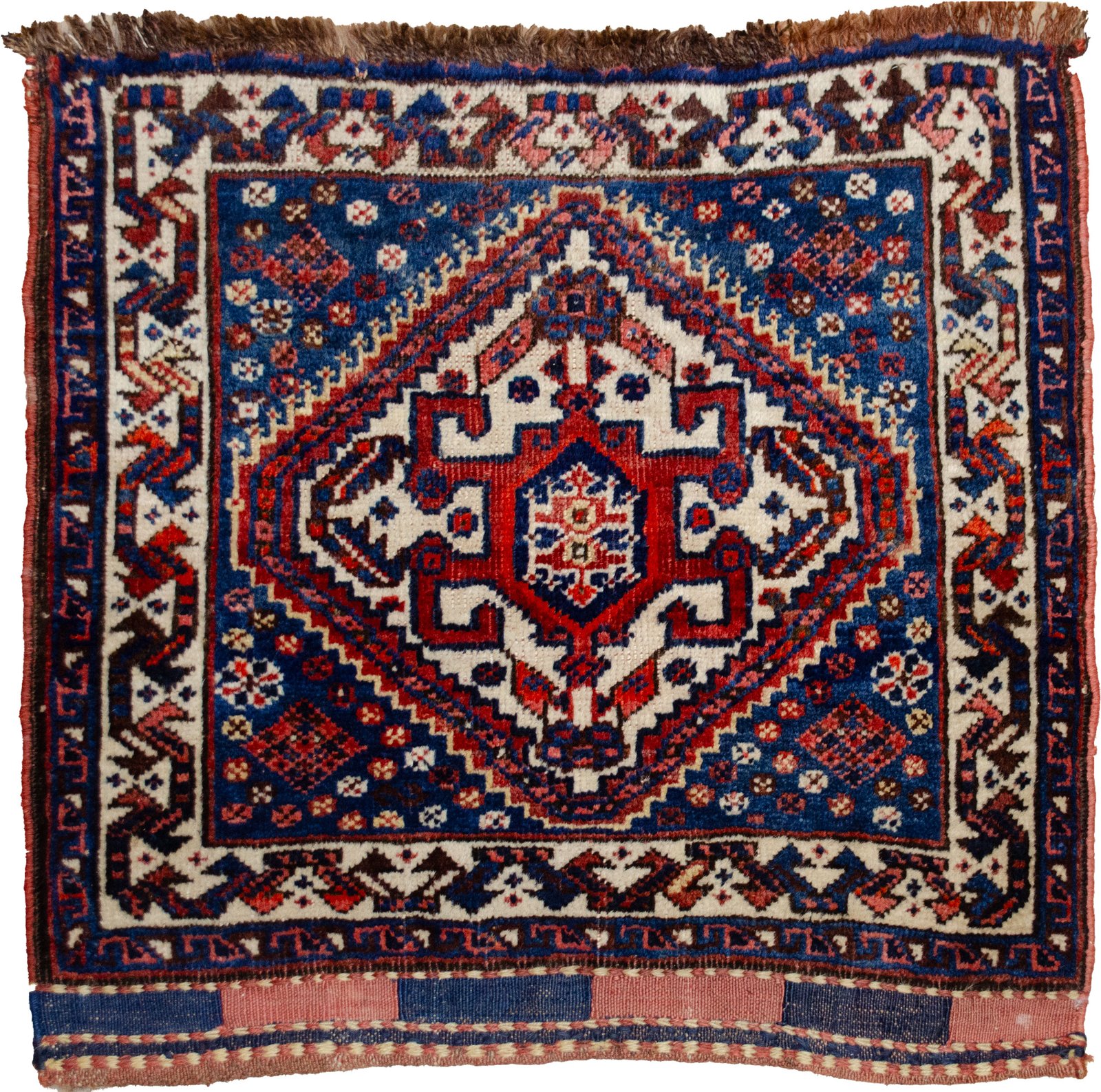 H357-Qashqai-60x56cm alt="Qashqai kilim bag with light blue background and cream medallion" alt="Tribal Persian bag with scarab beetle motif and floral kilim design" alt="Handwoven Qashqai bag featuring blue field and symbolic medallion" alt="Vintage Qashqai kilim with cream border and central scarab motif"