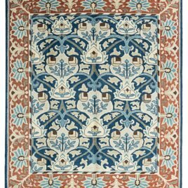 alt="Hand-knotted William Morris inspired rug with blue floral design and squarish format" alt="Arts and Crafts movement carpet with floral motifs and natural dyes" alt="Blue field William Morris style rug with heirloom craftsmanship" alt="William Morris carpet reproduction with Turkish knot and floral border"