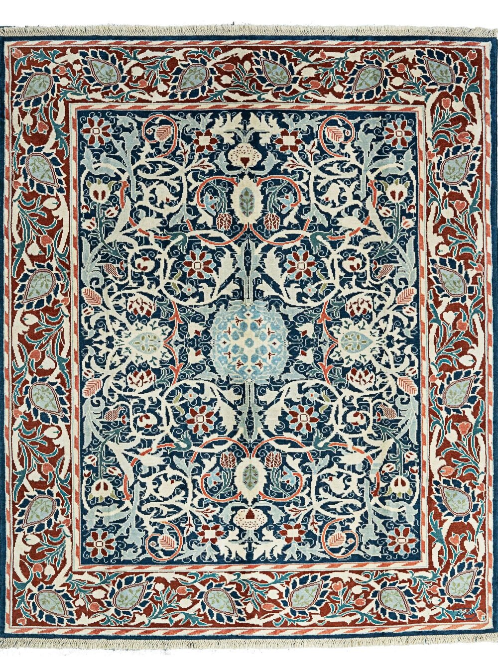alt="Hand-knotted William Morris Holland Park carpet with blue background and red floral border" alt="Floral William Morris carpet design with red border and intricate flowers" alt="Handwoven Arts and Crafts carpet inspired by Holland Park design" alt="Morris-inspired rug with blue field, red border, and intricate floral motifs"