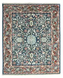 alt="Hand-knotted William Morris Holland Park carpet with blue background and red floral border" alt="Floral William Morris carpet design with red border and intricate flowers" alt="Handwoven Arts and Crafts carpet inspired by Holland Park design" alt="Morris-inspired rug with blue field, red border, and intricate floral motifs"