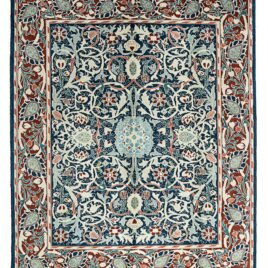 alt="Hand-knotted William Morris Holland Park carpet with blue background and red floral border" alt="Floral William Morris carpet design with red border and intricate flowers" alt="Handwoven Arts and Crafts carpet inspired by Holland Park design" alt="Morris-inspired rug with blue field, red border, and intricate floral motifs"